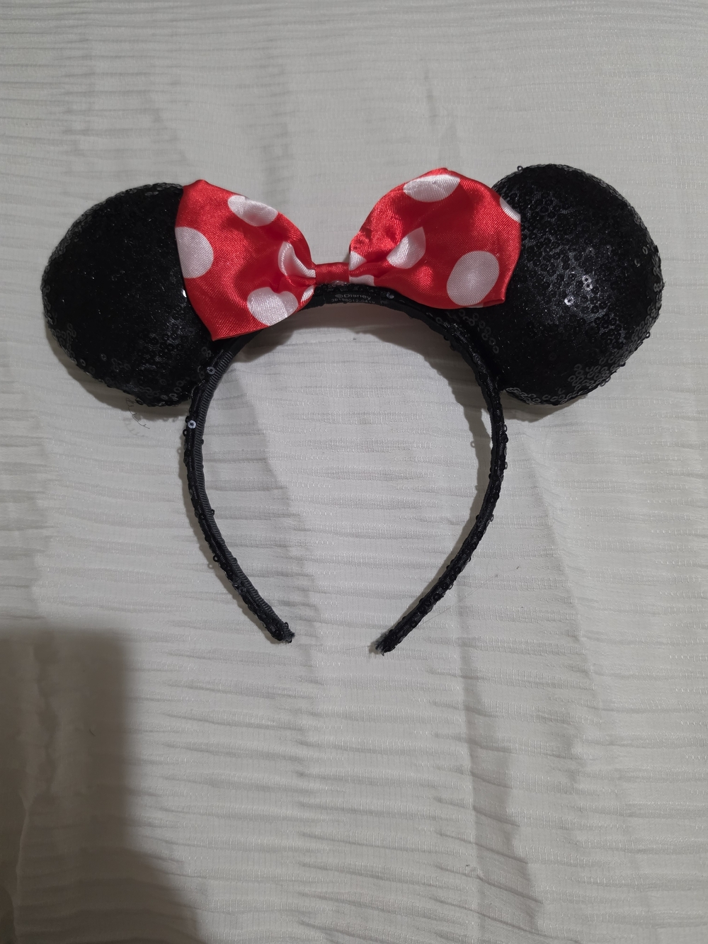 Sequin Minnie Ear Headband with Red Polka Dot Bow Like New